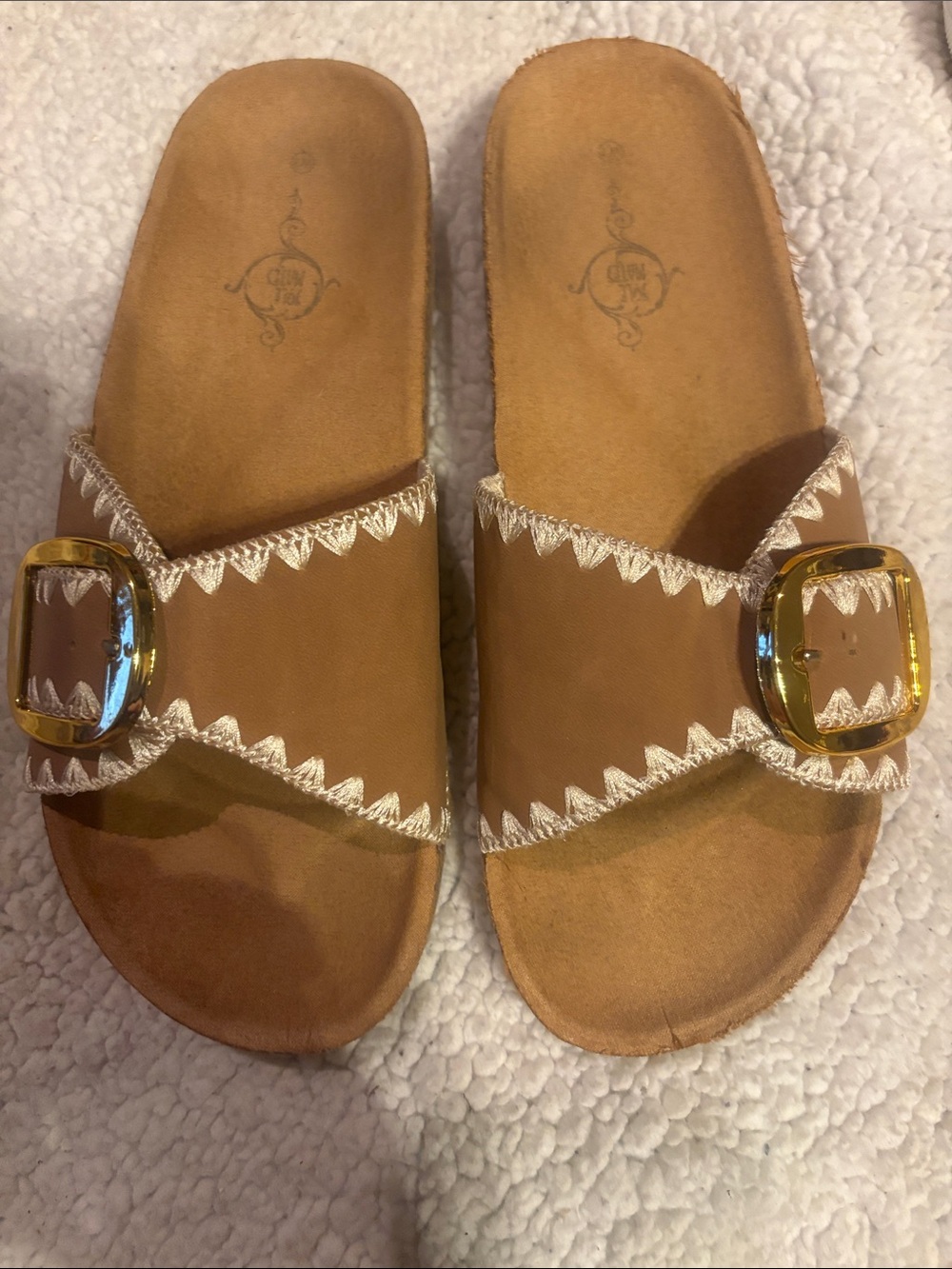Women’s Tan Slide Sandals with Gold Buckle and Zigzag Trim